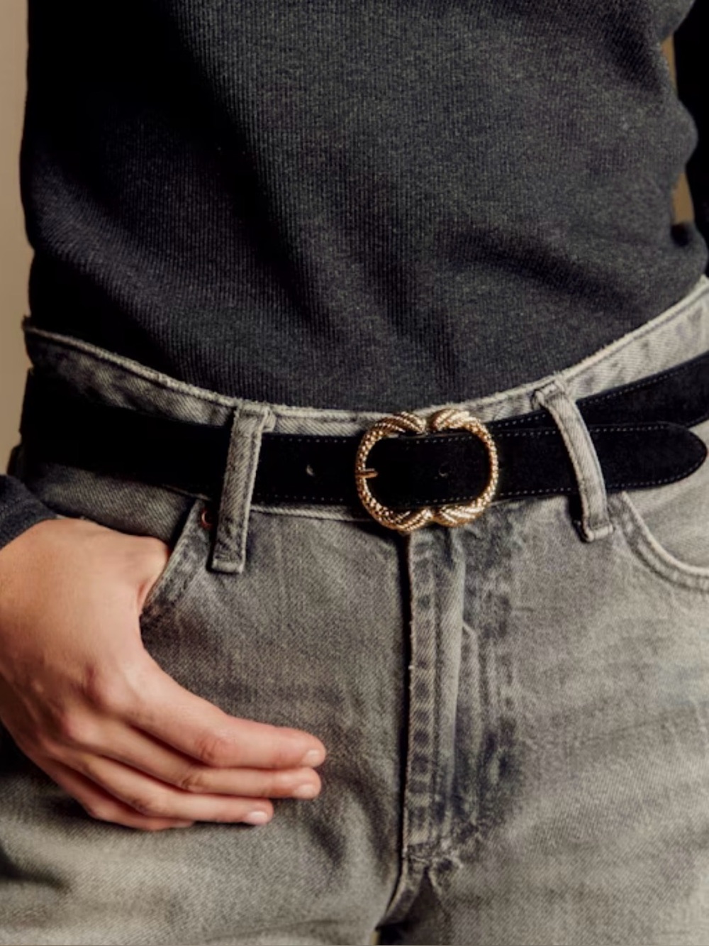 Women's Black Suede Belt with Decorative Gold Rope Buckle